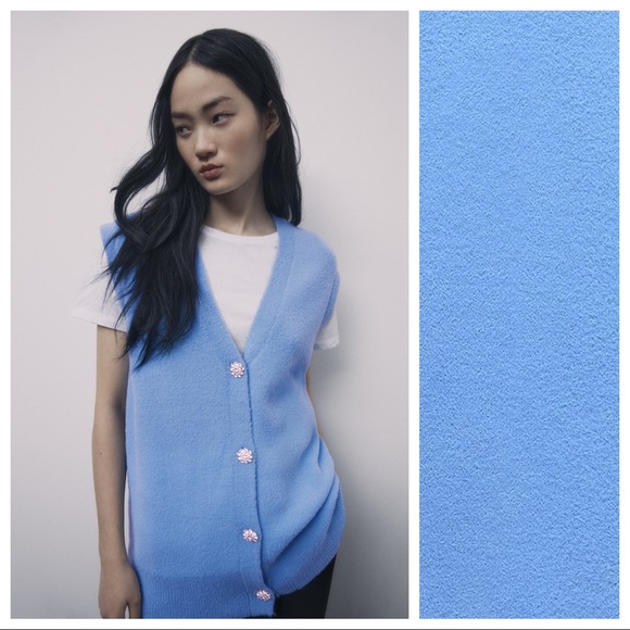NWT. Zara Blue Soft Touch Bejewelled Buttons Waistcoat. Size M. - Picture 4 of 11